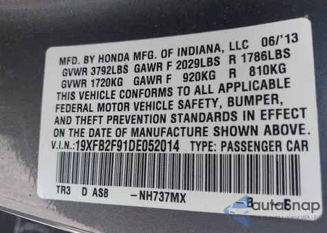 2013 Honda Civic Ex-L z USA, uszkodzony, nr VIN 19XFB2F91DE052014